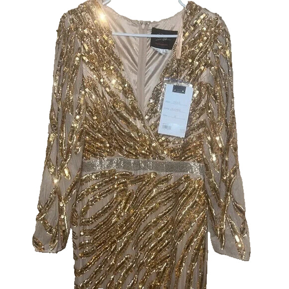 Mac‎ Duggal 5432 Long Sleeved Sequin Streaked Copper Long Gown Gold Copper Sz 10 - Picture 5 of 6